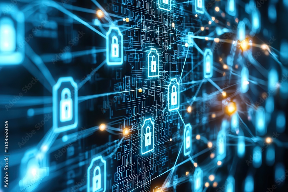Poster exploring the intricate network of cybersecurity with digital lock symbols and data connections