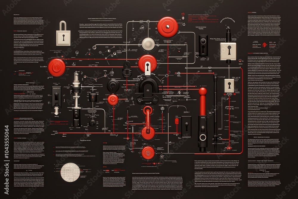 Poster exploring the intricacies of lock mechanisms through visual design and technical illustration