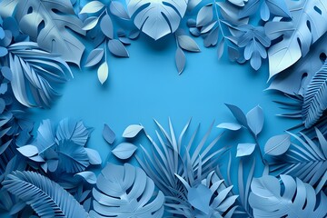A frame made of paper cut leaves on a blue background