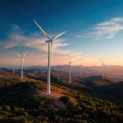 Obraz premium Renewable Energy Landscape Featuring Wind Turbines in a Scenic Natural Setting