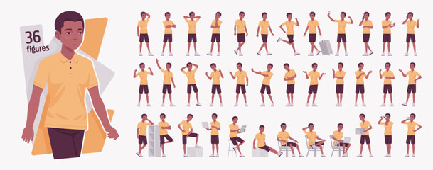 Handsome dark skin man young active character set, relaxed life bundle. Confident active boy wearing polo shirt, shorts, freelancer in co-working informal comfortable poses, relax. Vector illustration