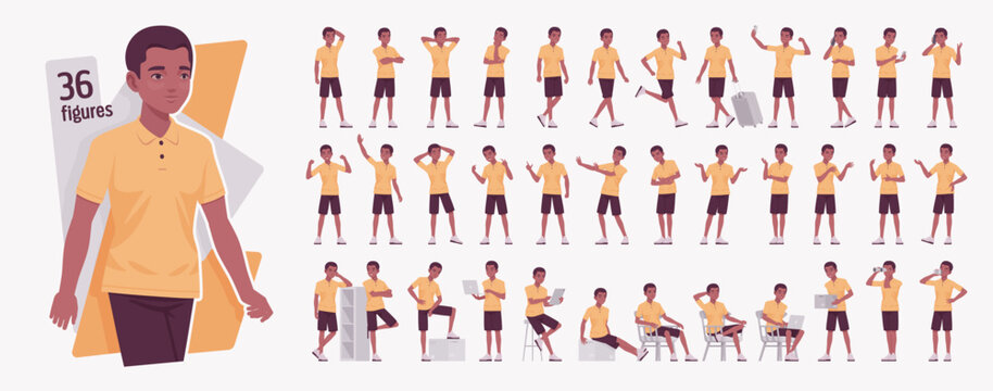 Handsome dark skin man young active character set, relaxed life bundle. Confident active boy wearing polo shirt, shorts, freelancer in co-working informal comfortable poses, relax. Vector illustration