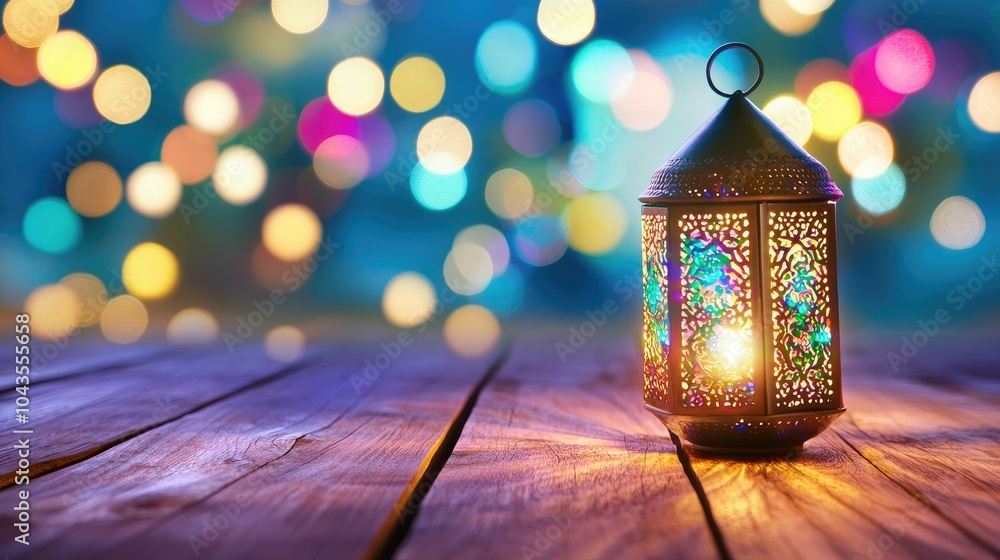 Poster colorful lantern illuminated on a table