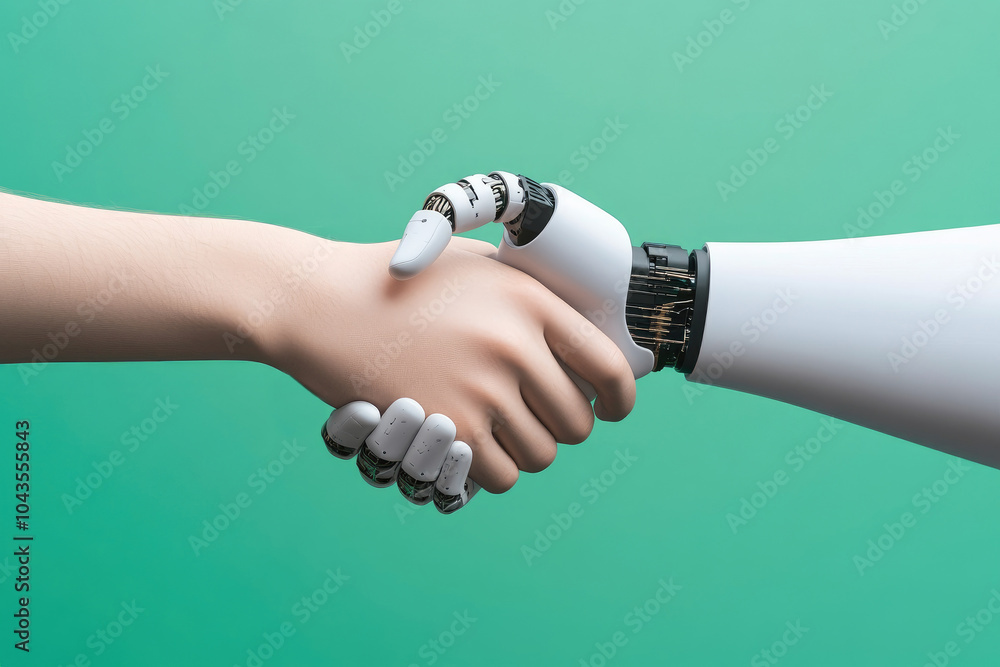Poster human hand meets ai robotic hand, symbolizing unity and collaboration between humanity and artificia