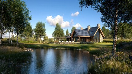 Obraz premium Tranquil Modern Home Surrounded by Nature and Scenic Landscape Reflections