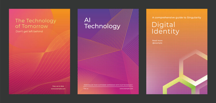 Three posters featuring AI technologys. AI technology highlighted with futuristic designs. Digital identity and technology concepts displayed. Digital transformation, colorful poster template vector.