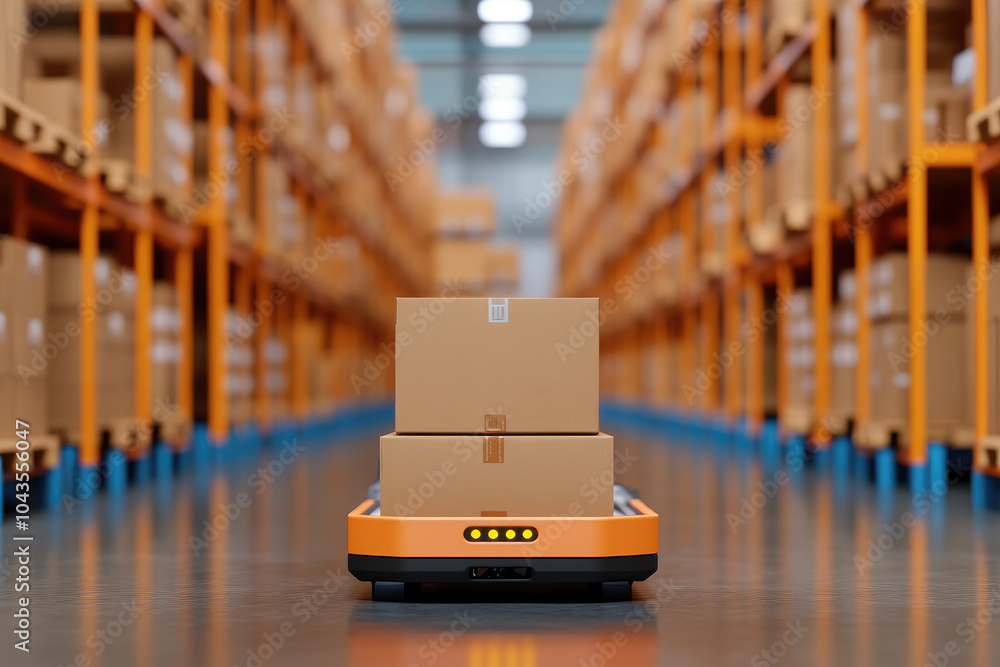 Poster smart eco-friendly warehouse with automated vehicles, harnessing ai for efficient operations and sus