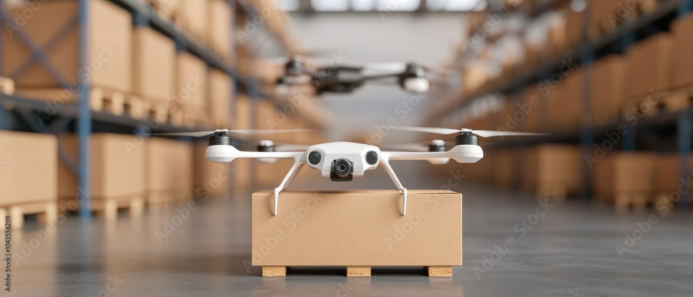 Poster ai driven drone cargo sorting in expansive warehouse, enhancing logistics efficiency and streamlinin