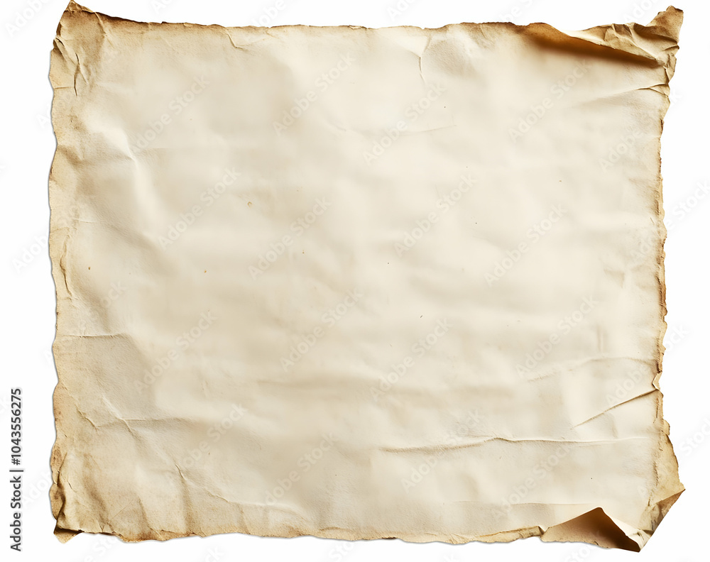 Poster old, crumpled, burnt paper with rough edges and a beige color isolated on a white background.