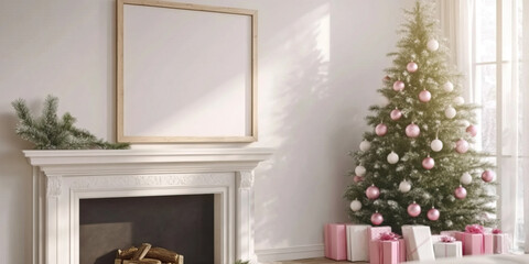Empty wood frame on the wall above a fireplace in a white and pink living room, Christmas tree adorned with Christmas ornaments