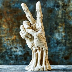 Skeleton hand statue pointing finger up making rude gesture
