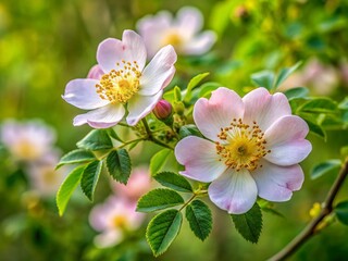 Close-Up of Beautiful Rosehip Flowers in Bloom – Rosa Canina and Woodsii Varieties
