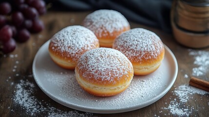German Berliner, Krapfen, donut, doughnut served on plate.  Traditional German doughnut with powdered sugar on top.