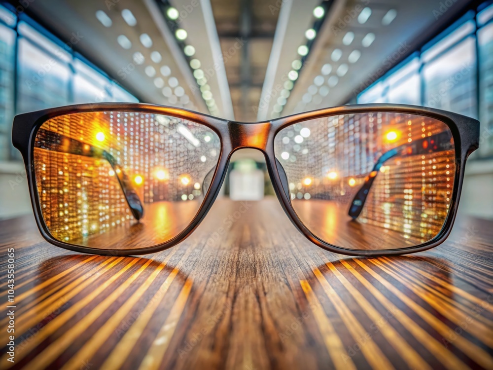 Poster close-up of glasses reflecting digital data with high depth of field for technology and innovation i