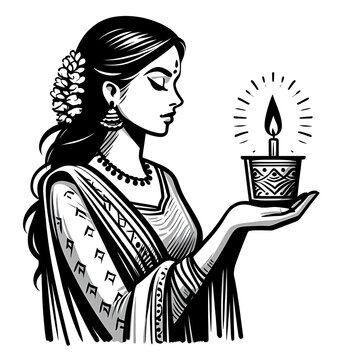 woman holding candle, black and white clip art preview