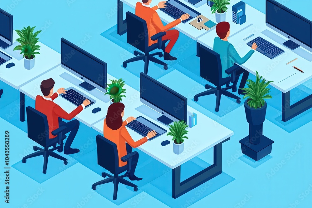 Poster modern office workspace with employees engaged in collaborative tasks and technology integration