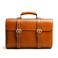 Stylish brown leather briefcase on white isolated background.