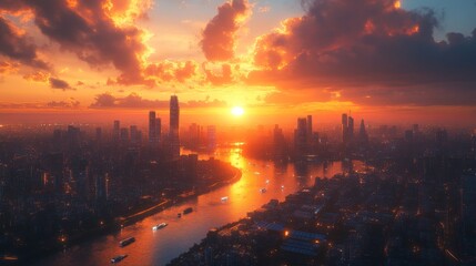 Naklejka premium A vibrant sunset illuminates the city skyline, casting rich colors across the sky while the river reflects the warm hues of the evening. The atmosphere is serene yet lively.
