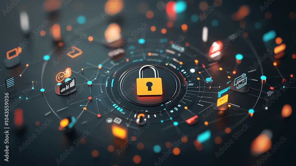 Poster digital padlock surrounded by firewall symbols, floating in a network of encrypted data, cybersecuri