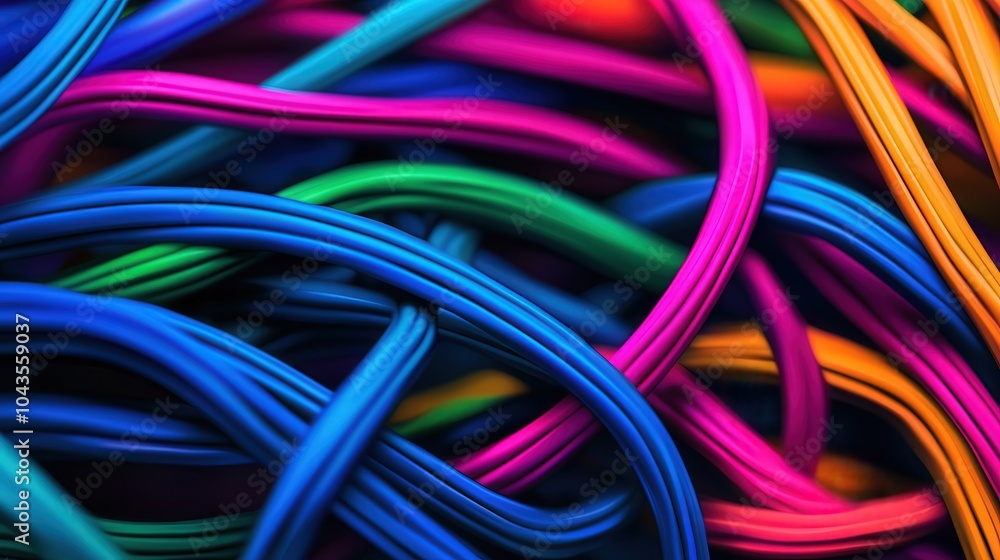 Poster vibrant intertwined wires showcasing a kaleidoscope of colorful textures and patterns in digital art