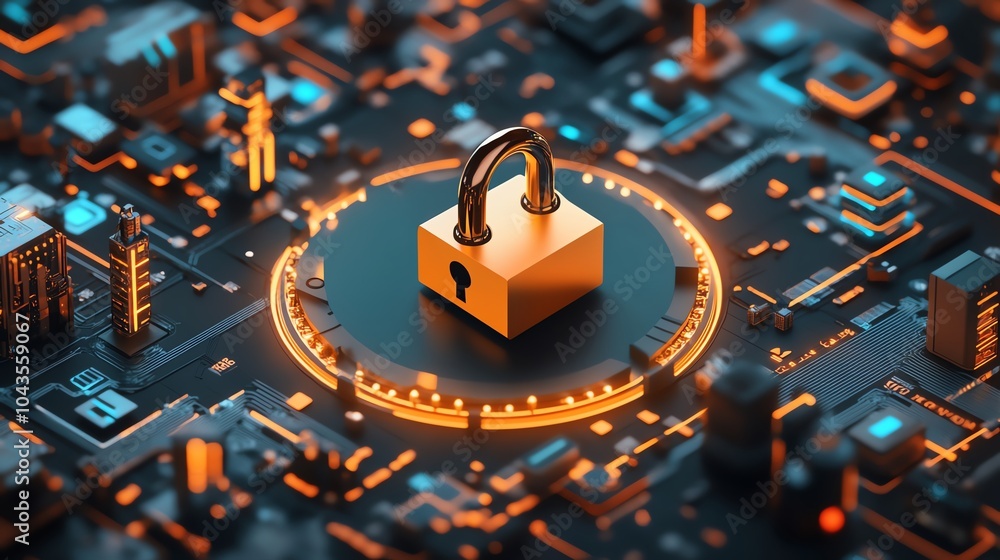 Poster digital padlock surrounded by firewall symbols, floating in a network of encrypted data, cybersecuri