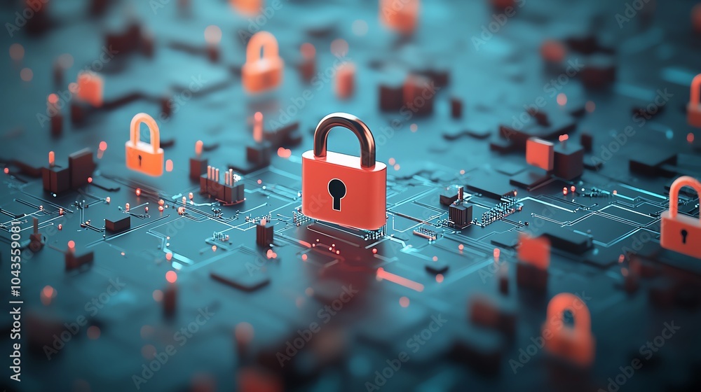 Aufkleber digital padlock surrounded by firewall symbols, floating in a network of encrypted data, cybersecuri