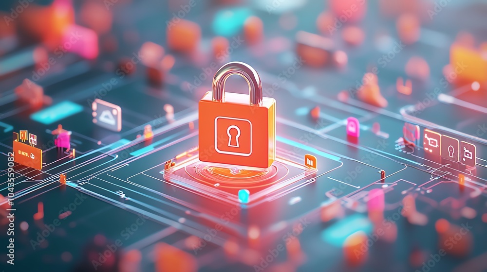 Poster digital padlock surrounded by firewall symbols, floating in a network of encrypted data, cybersecuri