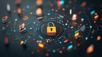 Digital padlock surrounded by firewall symbols, floating in a network of encrypted data, cybersecurity technology, privacy protection and fraud prevention
