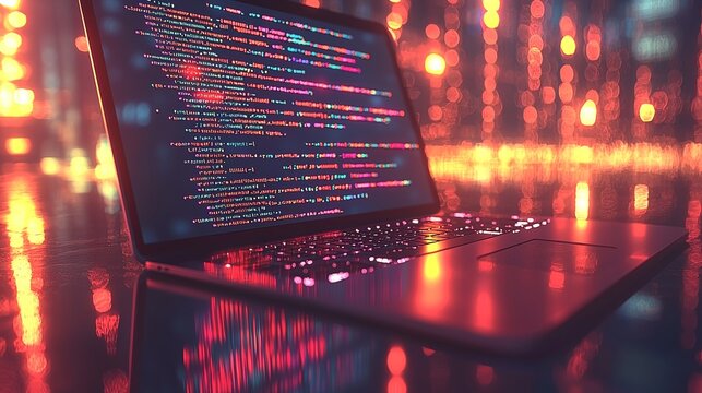 Laptop Code Night Lights Cityscape