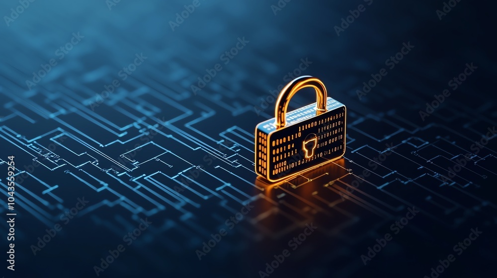 Poster glowing digital padlock icon with moving encryption data around it, dark blue cyber background, cybe