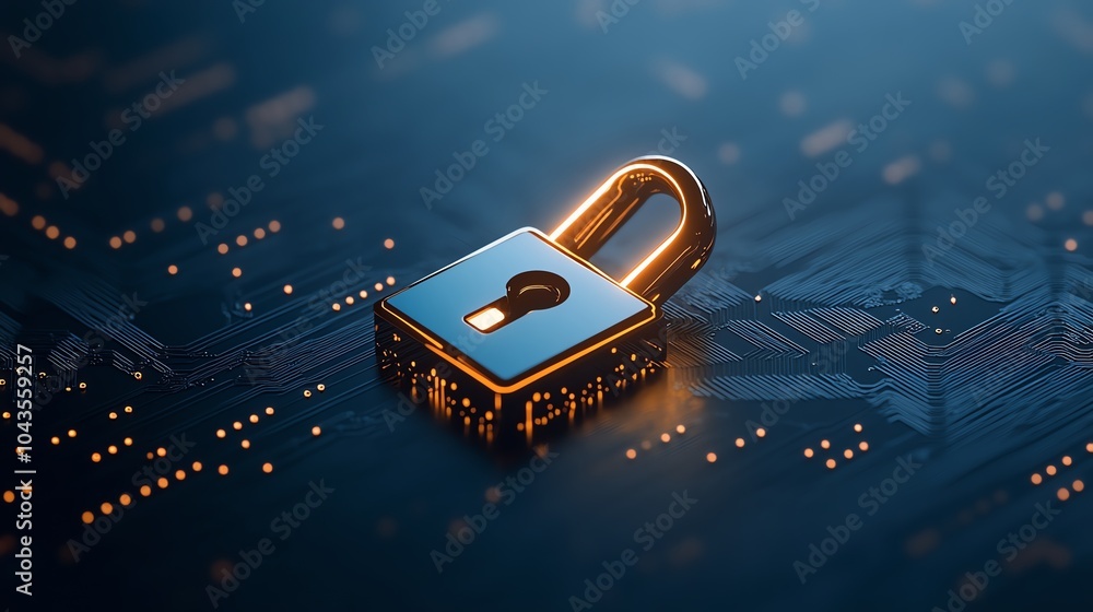 Poster glowing digital padlock icon with moving encryption data around it, dark blue cyber background, cybe