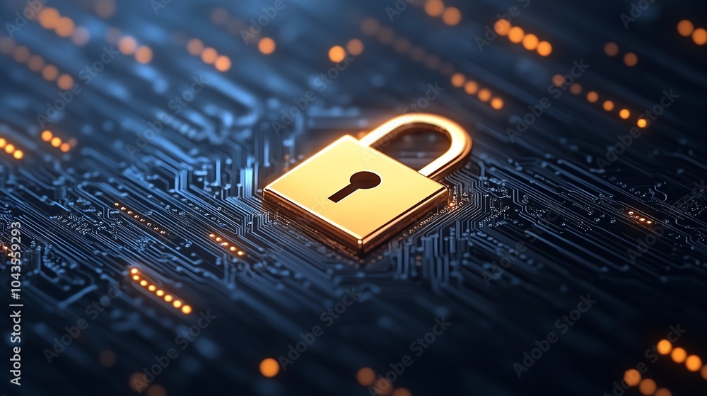 Poster glowing digital padlock icon with moving encryption data around it, dark blue cyber background, cybe