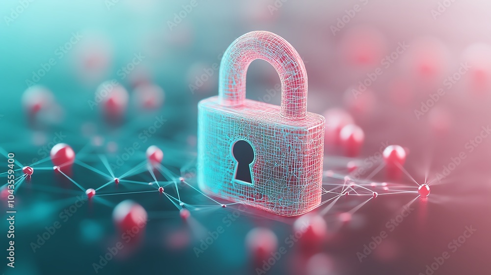 Aufkleber holographic padlock floating over a web of interconnected nodes, deep blue color scheme, cybersecuri