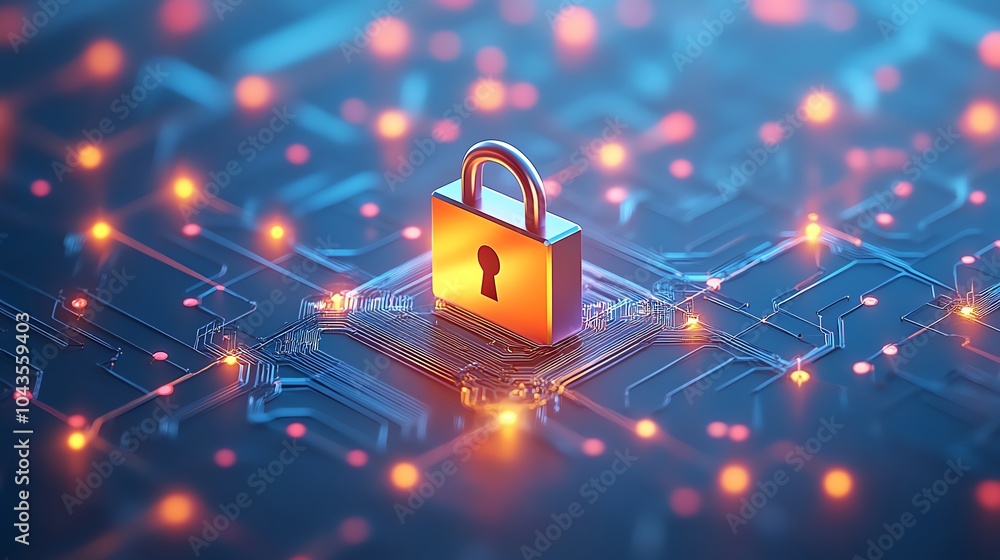 Poster holographic padlock floating over a web of interconnected nodes, deep blue color scheme, cybersecuri