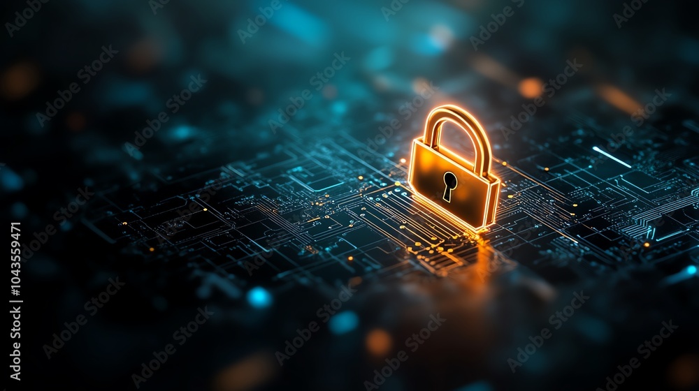 Poster neonlit padlock symbol hovering in a web of connected circuits, dark blue and cyan highlights, cyber
