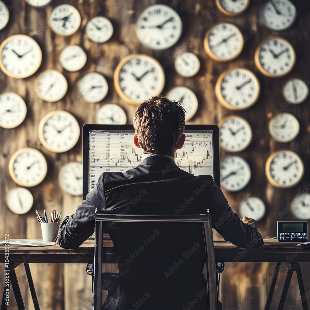 Poster focused individual analyzing data with clocks on wall in a modern workspace