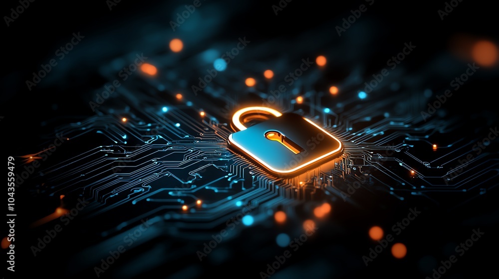 Poster neonlit padlock symbol hovering in a web of connected circuits, dark blue and cyan highlights, cyber
