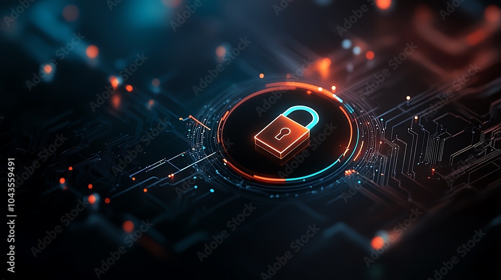 Poster neonlit padlock symbol hovering in a web of connected circuits, dark blue and cyan highlights, cyber