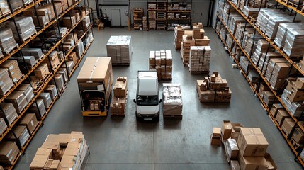 Aerial view of large distribution center, rows of shelves, organized logistics