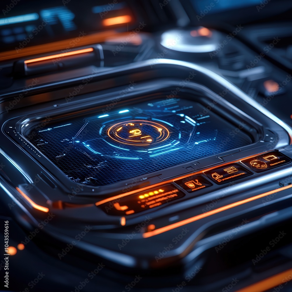 Poster futuristic control interface with neon accents and high-tech display elements
