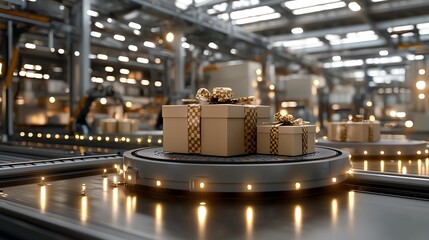 Automated warehouse with conveyor sorting packages, futuristic logistics setup