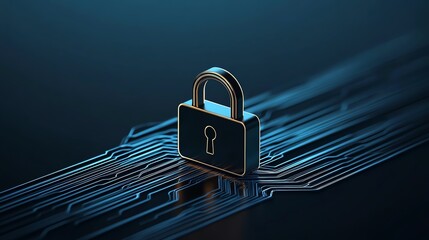 Sleek digital padlock icon with light trails, set against a cyber grid with deep blue tones, cybersecurity technology, fraud and privacy protection
