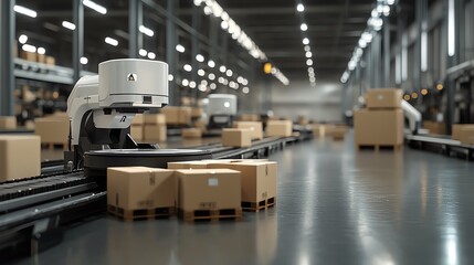 Fototapeta premium Automated warehouse with conveyor sorting packages, futuristic logistics setup