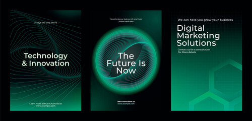 Posters with technology. Technology and innovation highlighted. Digital marketing solutions featured. Modern design with green and black tones. Environmental technology, green poster template vector