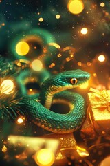 Fototapeta premium Green snake next to gifts in gold packaging, symbol of 2025 according to the Chinese calendar