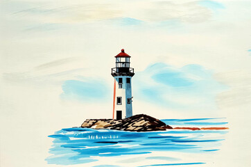 The sea and the lighthouse, painted in watercolor on a white background.
