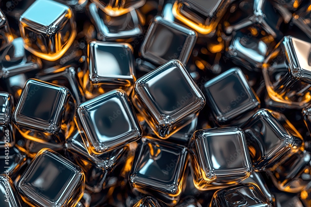 Poster shiny metallic cubes with reflections, abstract background texture.