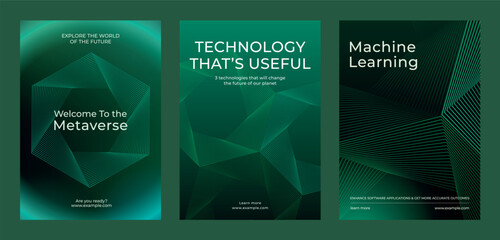 Three green tech posters featurings of metaverse, technology, and machine learning. Futuristic design with geometric patterns and digital. Environmental technology, green poster template vector set.