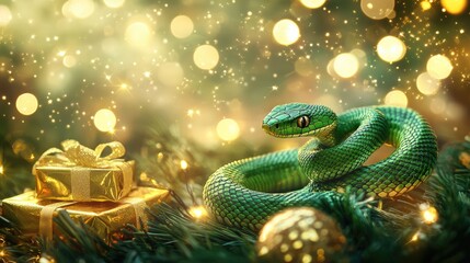 Fototapeta premium Green snake next to gifts in gold packaging, symbol of 2025 according to the Chinese calendar