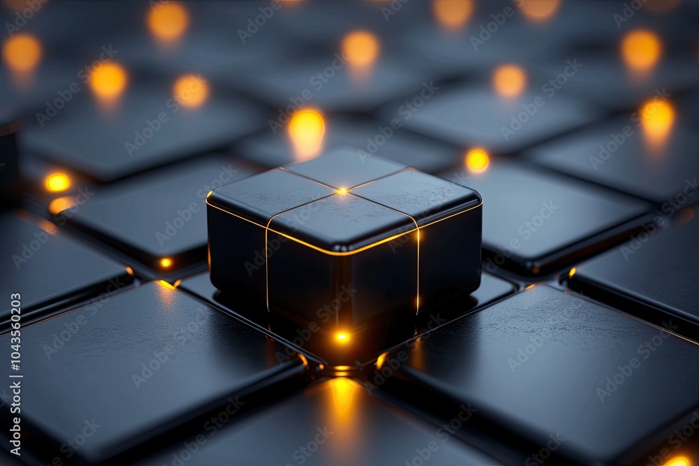 Poster futuristic cube on a glowing grid background.